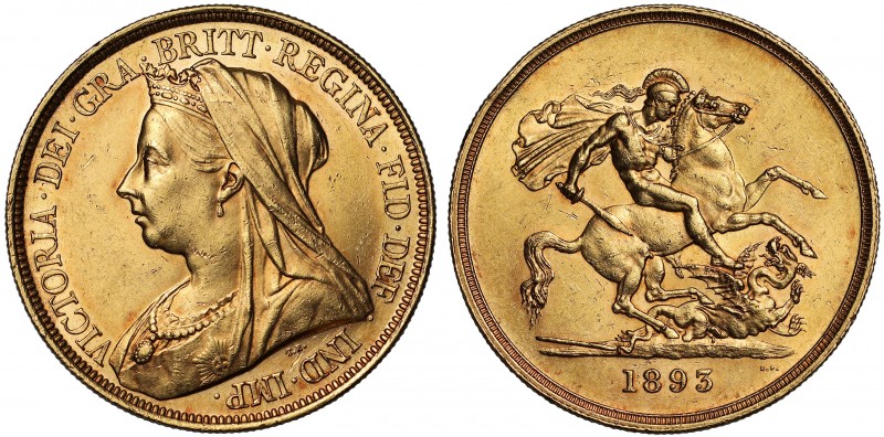 AU58 Victoria (1837-1901), gold Five Pounds, 1893, crowned and veiled bust left,...
