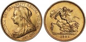 AU58 Victoria (1837-1901), gold Five Pounds, 1893, crowned and veiled bust left, T.B. initials below truncation for engraver Thomas Brock, legend and ...