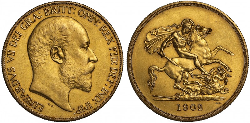 PF58 MATTE Edward VII (1901-10), gold matt proof Five Pounds, 1902, bare head ri...