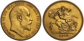 PF58 MATTE Edward VII (1901-10), gold matt proof Five Pounds, 1902, bare head right, De S. below truncation for engraver George W De Saulles, Latin le...