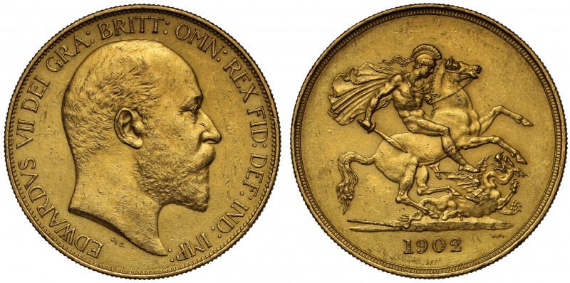 Edward VII (1901-10), gold matt proof Five Pounds, 1902, bare head right, De S. ...
