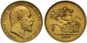 Edward VII (1901-10), gold matt proof Five Pounds, 1902, bare head right, De S. below truncation for engraver George W De Saulles, Latin legend and to...