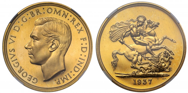 PF64 CAMEO George VI (1936-52), gold proof Five Pounds, 1937, bare head left, in...