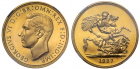 PF64 CAMEO George VI (1936-52), gold proof Five Pounds, 1937, bare head left, initials HP below neck for engraver Humphrey Paget, legend and outer bor...