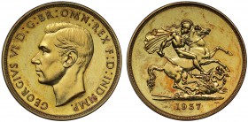 George VI (1936-52), gold proof Five Pounds, 1937, bare head left, initials HP below neck for engraver Humphrey Paget, legend and outer border surroun...
