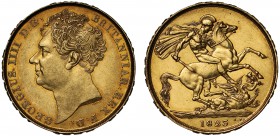 AU55 George IV (1820-30), gold Two Pounds, 1823, bare head left, J.B.M. below truncation for engraver Jean Baptiste Merlen, abbreviated Latin legend a...