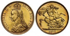 MS62+ Victoria (1837-1901), gold Two Pounds, 1887, Jubilee type crowned bust left, J.E.B. initials on truncation for engraver Joseph Edgar Boehm, lege...