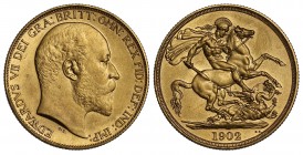PF61 MATTE Edward VII (1901-1910), gold matt proof Two Pounds, 1902, bare head right, De S. below truncation for engraver George W De Saulles, legend ...