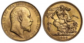 MS63 Edward VII (1901-1910), gold Two Pounds, 1902, bare head right, De S. below truncation for engraver George W De Saulles, legend and toothed borde...