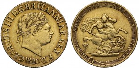 George III (1760-1820), gold Sovereign, 1820, second laureate head right, date below with closed 2, legend commences lower left GEORGIUS III D: G: BRI...