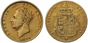 George IV (1820-30), gold Sovereign, 1825, bare head left, date below neck, legend and toothed border surrounding., GEORGIUS IV DEI GRATIA, rev. crown...