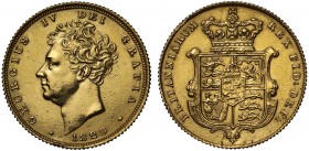 George IV (1820-30), gold Sovereign, 1829, second bare head left, date below neck, legend and toothed border surrounding. GEORGIUS IV DEI GRATIA., rev...