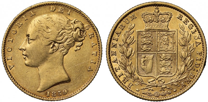 Victoria (1837-1901), gold Sovereign, 1859, Ansell type with extra raised line i...