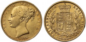 Victoria (1837-1901), gold Sovereign, 1859, Ansell type with extra raised line in hair fillet of young head facing left, date below, WW incuse on trun...
