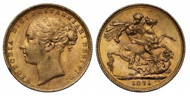 MS64 Victoria (1837-1901), gold Sovereign, 1871, St. George reverse, young head facing left, WW buried in thin truncation in relief meets field, engra...