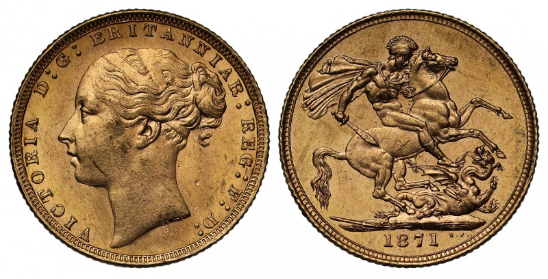MS64 Victoria (1837-1901), gold Sovereign, 1871, St. George reverse, young head ...