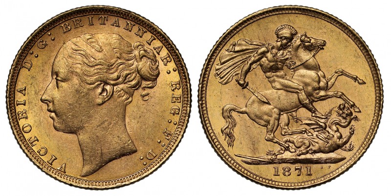 MS63 Victoria (1837-1901), gold Sovereign, 1871, St. George reverse, young head ...