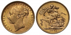 MS63 Victoria (1837-1901), gold Sovereign, 1871, St. George reverse, young head facing left, WW buried in thin truncation in relief meets field, engra...