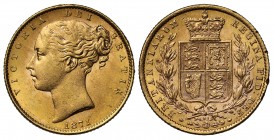 Victoria (1837-1901), gold Sovereign, 1871, shield reverse, die number 32 on reverse, young head facing left, date below, W.W. raised on truncation fo...