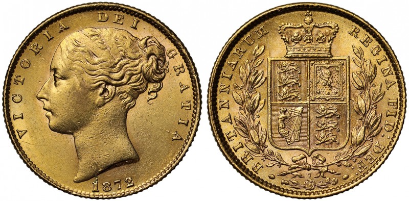 AU58 Victoria (1837-1901), gold Sovereign, 1872, shield reverse, die number 7 on...
