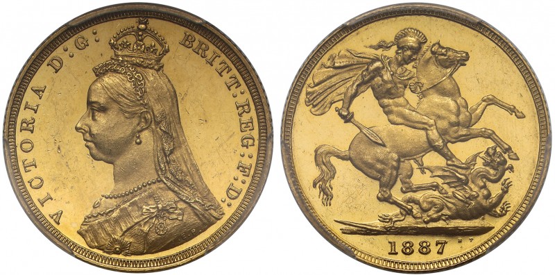 PR62 DEEP CAMEO Victoria (1837-1901), gold Pattern Sovereign, 1887, with 14 pear...