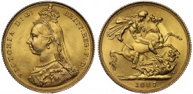 MS65 Victoria (1837-1901), gold Sovereign, 1887, Jubilee type crowned bust left, J.E.B. initials on truncation for engraver Joseph Edgar Boehm, angled...