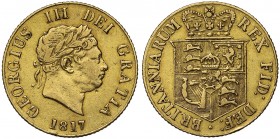 George III (1760-1820), gold Half-Sovereign, 1817, laureate head right, date below, legend GEORGIVS III DEI GRATIA raised rim both sides, rev. crowned...