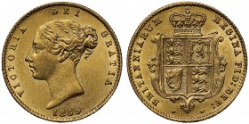 AU58 Victoria (1837-1901), gold Half Sovereign, 1859, second young head left, type A2, date below, VICTORIA DEI GRATIA, toothed border around rim both...