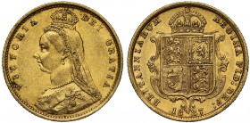 AU58 Victoria (1837-1901), gold Half Sovereign, 1887, Jubilee type crowned bust left, J.E.B. initials on truncation for engraver Joseph Edgar Boehm, J...