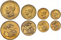 PF62-PF63 CAMEO George VI (1936-52), gold 4-coin proof set, 1937, Coronation year, gold Five Pounds, Two Pounds, Sovereign and Half Sovereign, all wit...