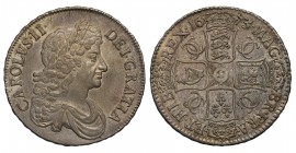 Charles II (1660-85), silver Crown, 1673, date with 3 struck over 2, third laureate and draped bust right, Latin legend and toothed border surrounding...