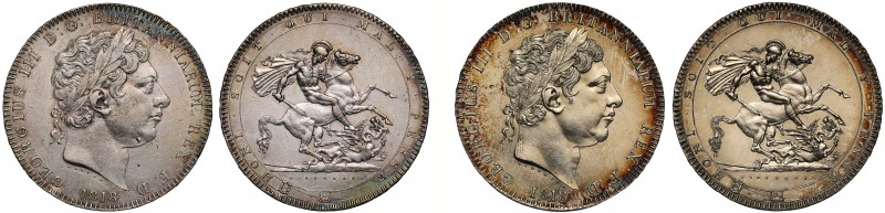 George III (1760-1820), silver Crowns, 1818 (2), laureate head right, PISTRUCCI ...