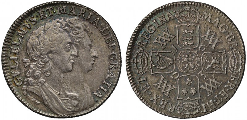 AU58 William and Mary (1688-94), silver Shilling, 1693, the 9 struck over an O o...