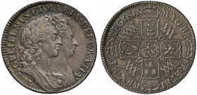 AU58 William and Mary (1688-94), silver Shilling, 1693, the 9 struck over an O or inverted 9, conjoined laureate and draped busts right, legend surrou...