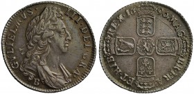 MS61 William III (1694-1702), silver Shilling, 1696, Bristol Mint, first laureate and draped bust right, B below, legend and toothed border surroundin...