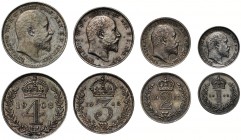 Edward VII (1901-10), silver Maundy Set, 1908, bare head right, DES raised below for engraver G W De Saulles, legend and toothed border surrounding, E...