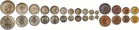 George VI (1936-52), 15-coin silver, bronze and brass proof Set, 1937, Coronation year, 0.500 silver Crown, Halfcrown, Florin, English type Shilling, ...