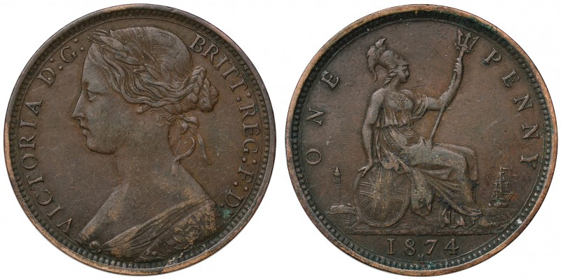Victoria (1837-1901), bronze Penny, 1874, Heaton Mint, wide date, laureate "bun"...