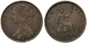 Victoria (1837-1901), bronze Penny, 1874, Heaton Mint, wide date, laureate "bun" type bust left, Latin legend and toothed border surrounding, VICTORIA...