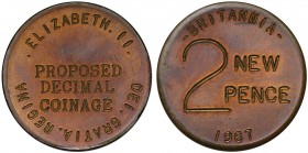 Elizabeth II (1952-), Trial decimal Two Pence, 1967, struck in bronze on a circular flan, incuse legends both sides, three lines at centre PROPOSED / ...