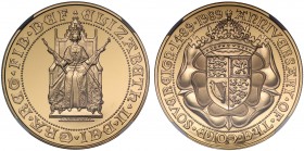 PF69 ULTRA CAMEO Elizabeth II (1952 -), gold proof Five Pounds, 1989, struck for the 500th anniversary of the Sovereign, Queen enthroned facing, seate...