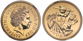 MS70 DEEP PROOFLIKE Elizabeth II (1952 -), gold Five Pounds, 2005, crowned head right, IRB initials below for designer Ian Rank-Broadley, Latin legend...