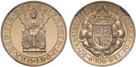 PF70 ULTRA CAMEO Elizabeth II (1952 -), gold proof Two Pounds, 1989, struck for the 500th anniversary of the Sovereign, Queen enthroned facing, seated...