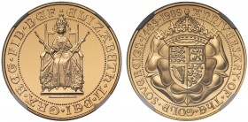 PF69 ULTRA CAMEO Elizabeth II (1952 -), gold proof Two Pounds, 1989, struck for the 500th anniversary of the Sovereign, Queen enthroned facing, seated...