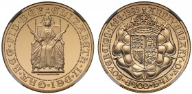 PF70 ULTRA CAMEO Elizabeth II (1952 -), gold proof Sovereign, 1989, struck for the 500th Anniversary of the Sovereign, Queen enthroned facing, seated ...