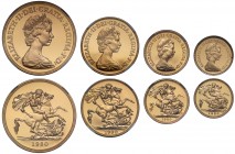 PF69-70 ULTRA CAMEO Elizabeth II (1952 -), gold 4-coin proof set, 1980, Five Pounds, Two Pounds, Sovereign, Half-Sovereign, crowned head right, obvers...