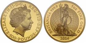 PF70 ULTRA CAMEO Elizabeth II (1952 -), gold proof Britannia Five Hundred Pounds, 2014, 5 Ounces of 999.9 fine gold, crowned bust right, IRB below tru...