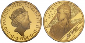 PF70 ULTRA CAMEO FR Elizabeth II (1952 -), gold proof Two Hundred Pounds, 2020, 2 Ounces of 999.9 fine gold, struck to celebrate David Bowie, crowned ...