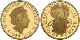 PF70 ULTRA CAMEO Elizabeth II (1952 -), gold proof One Hundred Pounds, 2021, 1 Ounce of 999.9 fine gold, crowned head right, JC initials below for des...