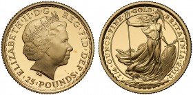 Elizabeth II (1952-), gold proof Twenty-Five Pounds Britannia, 2012, Quarter-Ounce of 999.99 fine gold, crowned head right, IRB initials below bust fo...